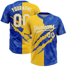 Загрузить изображение в средство просмотра галереи, Custom Graffiti Pattern White Thunder Blue-Yellow 3D Scratch Two-Button Unisex Softball Jersey
