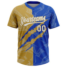 Загрузить изображение в средство просмотра галереи, Custom Graffiti Pattern White Thunder Blue-Old Gold 3D Scratch Two-Button Unisex Softball Jersey
