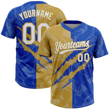 Загрузить изображение в средство просмотра галереи, Custom Graffiti Pattern White Thunder Blue-Old Gold 3D Scratch Two-Button Unisex Softball Jersey
