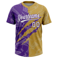 Загрузить изображение в средство просмотра галереи, Custom Graffiti Pattern White Old Gold-Purple 3D Scratch Two-Button Unisex Softball Jersey
