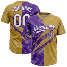 Загрузить изображение в средство просмотра галереи, Custom Graffiti Pattern White Old Gold-Purple 3D Scratch Two-Button Unisex Softball Jersey

