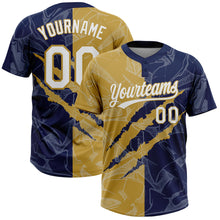 Загрузить изображение в средство просмотра галереи, Custom Graffiti Pattern White Navy-Old Gold 3D Scratch Two-Button Unisex Softball Jersey
