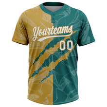 Загрузить изображение в средство просмотра галереи, Custom Graffiti Pattern White Teal-Old Gold 3D Scratch Two-Button Unisex Softball Jersey
