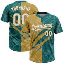 Загрузить изображение в средство просмотра галереи, Custom Graffiti Pattern White Teal-Old Gold 3D Scratch Two-Button Unisex Softball Jersey
