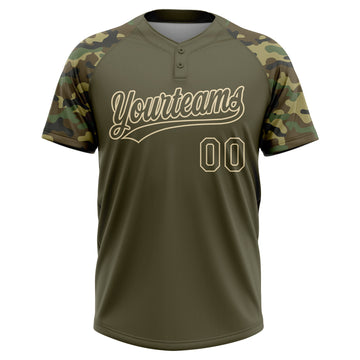 Custom Olive Cream Salute To Service Camo Raglan Sleeves Two-Button Unisex Softball Jersey