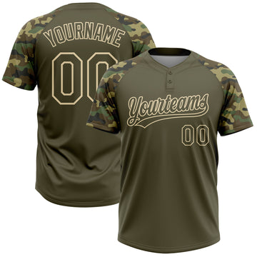 Custom Olive Cream Salute To Service Camo Raglan Sleeves Two-Button Unisex Softball Jersey