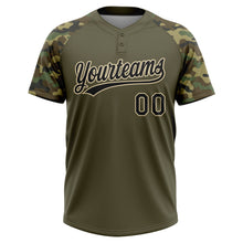 Загрузить изображение в средство просмотра галереи, Custom Olive Black-Cream Salute To Service Camo Raglan Sleeves Two-Button Unisex Softball Jersey
