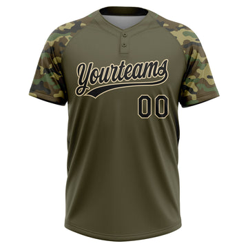 Custom Olive Black-Cream Salute To Service Camo Raglan Sleeves Two-Button Unisex Softball Jersey