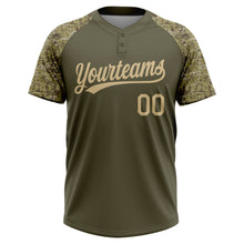 Загрузить изображение в средство просмотра галереи, Custom Olive Vegas Gold Salute To Service Camo Raglan Sleeves Two-Button Unisex Softball Jersey
