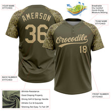 Загрузить изображение в средство просмотра галереи, Custom Olive Vegas Gold Salute To Service Camo Raglan Sleeves Two-Button Unisex Softball Jersey
