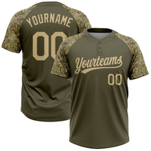 Загрузить изображение в средство просмотра галереи, Custom Olive Vegas Gold Salute To Service Camo Raglan Sleeves Two-Button Unisex Softball Jersey
