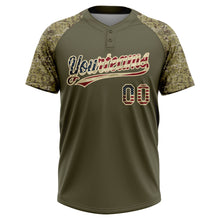 Загрузить изображение в средство просмотра галереи, Custom Olive Vintage USA Flag-Cream Salute To Service Camo Raglan Sleeves Two-Button Unisex Softball Jersey
