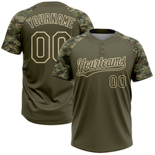 Загрузить изображение в средство просмотра галереи, Custom Olive Cream Salute To Service Camo Raglan Sleeves Two-Button Unisex Softball Jersey

