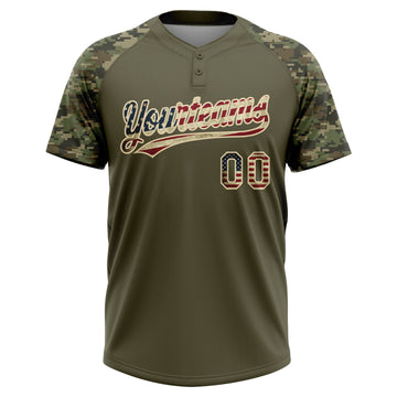 Custom Olive Vintage USA Flag-Cream Salute To Service Camo Raglan Sleeves Two-Button Unisex Softball Jersey