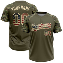 Загрузить изображение в средство просмотра галереи, Custom Olive Vintage USA Flag-Cream Salute To Service Camo Raglan Sleeves Two-Button Unisex Softball Jersey
