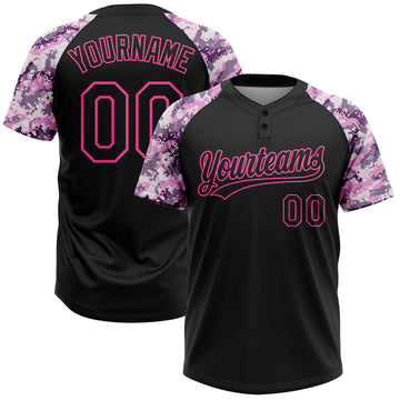 Custom Black Pink Pattern Salute To Service Camo Raglan Sleeves Two-Button Unisex Softball Jersey