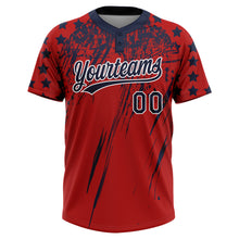 Charger l'image dans la galerie, Custom Red Navy-White Distressed Scratch Brush Stroke Star Raglan Sleeves Two-Button Unisex Softball Jersey
