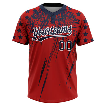 Custom Red Navy-White Distressed Scratch Brush Stroke Star Raglan Sleeves Two-Button Unisex Softball Jersey