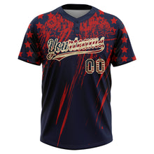 Загрузить изображение в средство просмотра галереи, Custom Navy Vintage USA Flag Red-Cream Distressed Scratch Brush Stroke Star Raglan Sleeves Two-Button Unisex Softball Jersey
