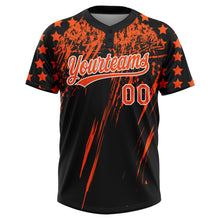 Загрузить изображение в средство просмотра галереи, Custom Black Orange-White Distressed Scratch Brush Stroke Star Raglan Sleeves Two-Button Unisex Softball Jersey
