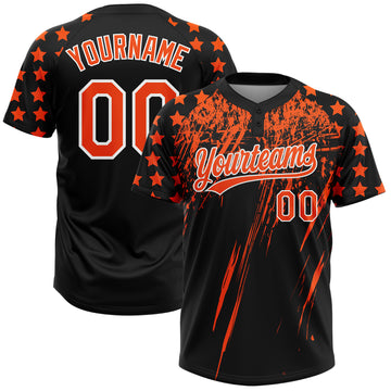 Custom Black Orange-White Distressed Scratch Brush Stroke Star Raglan Sleeves Two-Button Unisex Softball Jersey