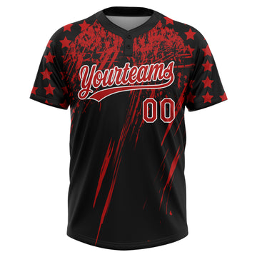Custom Black Red-White Distressed Scratch Brush Stroke Star Raglan Sleeves Two-Button Unisex Softball Jersey