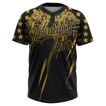 Custom Black Old Gold Distressed Scratch Brush Stroke Star Raglan Sleeves Two-Button Unisex Softball Jersey