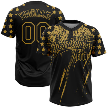 Custom Black Old Gold Distressed Scratch Brush Stroke Star Raglan Sleeves Two-Button Unisex Softball Jersey