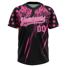 Загрузить изображение в средство просмотра галереи, Custom Black Pink-White Distressed Scratch Brush Stroke Star Raglan Sleeves Two-Button Unisex Softball Jersey
