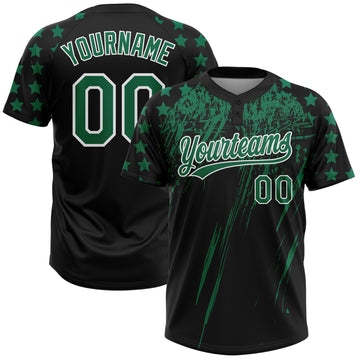 Custom Black Kelly Green-White Distressed Scratch Brush Stroke Star Raglan Sleeves Two-Button Unisex Softball Jersey
