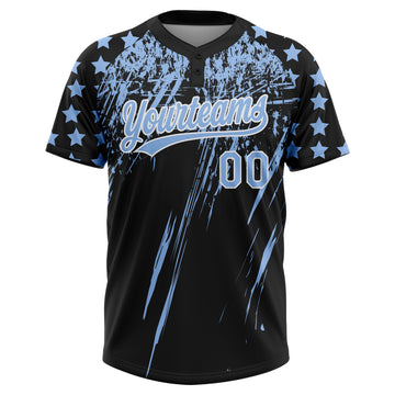 Custom Black Light Blue-White Distressed Scratch Brush Stroke Star Raglan Sleeves Two-Button Unisex Softball Jersey
