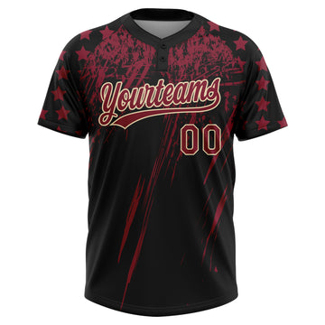 Custom Black Crimson-Cream Distressed Scratch Brush Stroke Star Raglan Sleeves Two-Button Unisex Softball Jersey