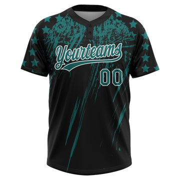 Custom Black Teal-White Distressed Scratch Brush Stroke Star Raglan Sleeves Two-Button Unisex Softball Jersey