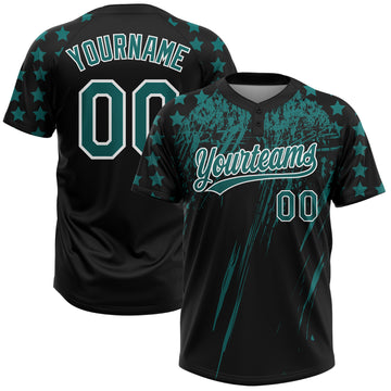 Custom Black Teal-White Distressed Scratch Brush Stroke Star Raglan Sleeves Two-Button Unisex Softball Jersey