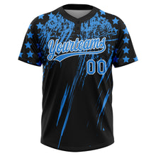 Загрузить изображение в средство просмотра галереи, Custom Black Electric Blue-White Distressed Scratch Brush Stroke Star Raglan Sleeves Two-Button Unisex Softball Jersey
