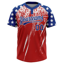 Charger l'image dans la galerie, Custom Red Royal-White Distressed Scratch Brush Stroke Star Raglan Sleeves Two-Button Unisex Softball Jersey
