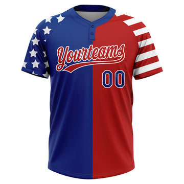 Custom Red Royal-White Stars & Stripes Raglan Sleeves Two-Button Unisex Softball Jersey