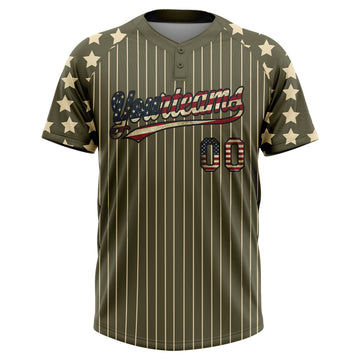 Custom Olive Cream Pinstripe Vintage USA Flag-Black Salute To Service Star Raglan Sleeves Two-Button Unisex Softball Jersey
