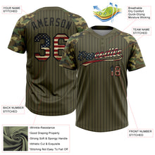 Charger l'image dans la galerie, Custom Olive Black Pinstripe Vintage USA Flag Salute To Service Camo Raglan Sleeves Two-Button Unisex Softball Jersey
