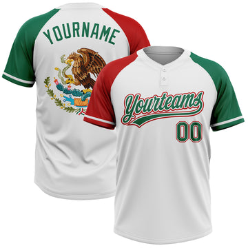 Custom White Kelly Green-Red Mexico Two-Button Unisex Softball Jersey