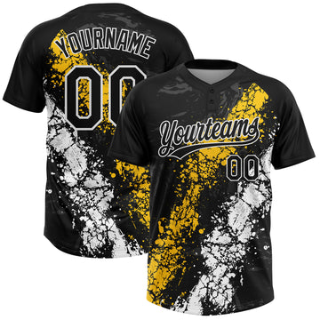 Custom Black Yellow-White Dripping Splatter Cracked Texture Two-Button Unisex Softball Jersey