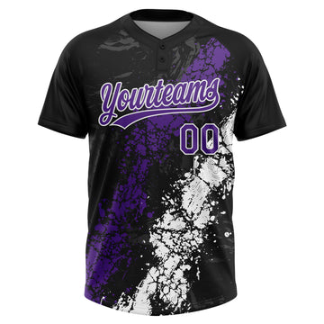 Custom Black Purple-White Dripping Splatter Cracked Texture Two-Button Unisex Softball Jersey