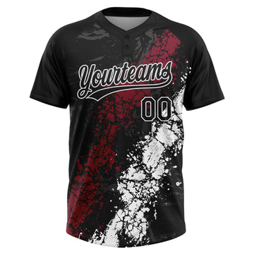 Custom Black Crimson-White Dripping Splatter Cracked Texture Two-Button Unisex Softball Jersey