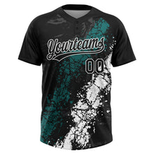 Laden Sie das Bild in den Galerie-Viewer, Custom Black Teal-White Dripping Splatter Cracked Texture Two-Button Unisex Softball Jersey
