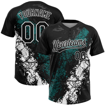 Custom Black Teal-White Dripping Splatter Cracked Texture Two-Button Unisex Softball Jersey