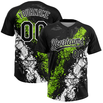 Custom Black Neon Green-White Dripping Splatter Cracked Texture Two-Button Unisex Softball Jersey