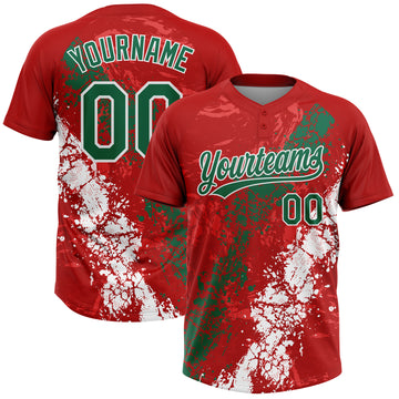 Custom Red Kelly Green-White Dripping Splatter Cracked Texture Two-Button Unisex Softball Jersey