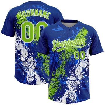 Custom Royal Neon Green-White Dripping Splatter Cracked Texture Two-Button Unisex Softball Jersey