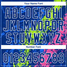 Загрузить изображение в средство просмотра галереи, Custom Royal Neon Green Pink-White Dripping Splatter Cracked Texture Two-Button Unisex Softball Jersey
