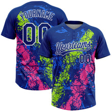 Загрузить изображение в средство просмотра галереи, Custom Royal Neon Green Pink-White Dripping Splatter Cracked Texture Two-Button Unisex Softball Jersey
